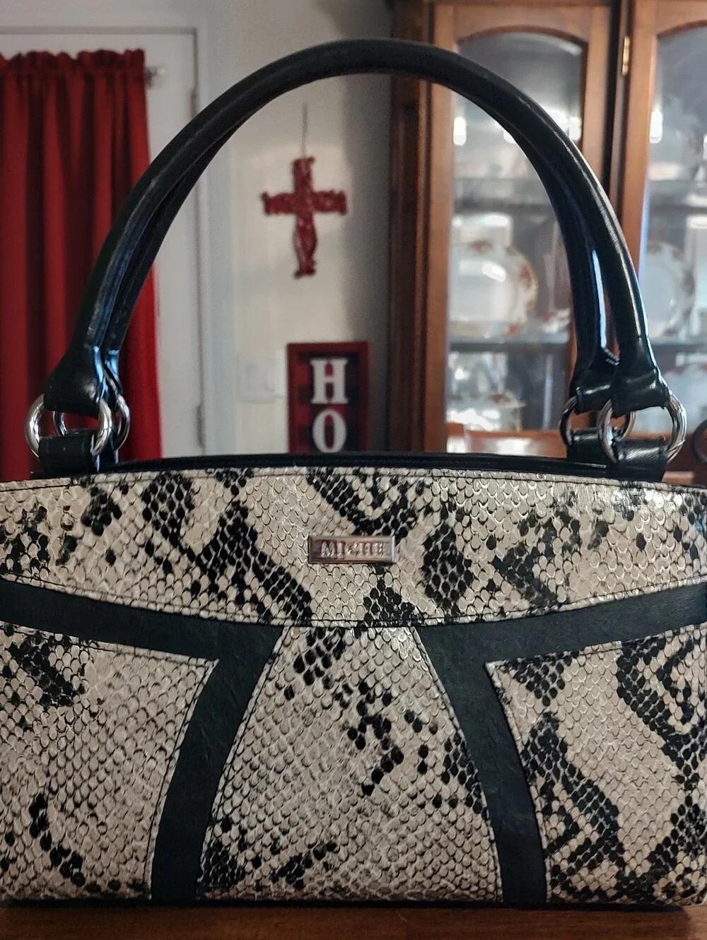 MICHE Snake-Print Tote in Black and Cream